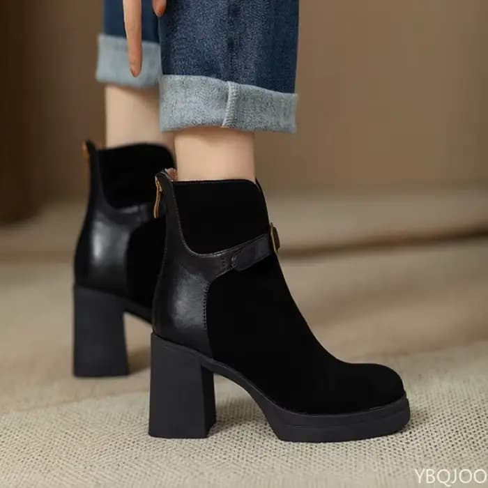 À la mode polyvalent semelle épaisse talon épais femmes bottes automne hiver élégant simple talons hauts loisirs