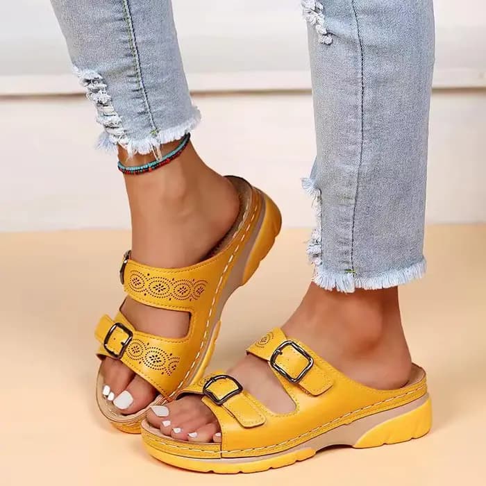 Femmes bout fermé chaussures d'été 2022 nouveau confort Double boucle Wedge dames sandales grande taille plate-forme