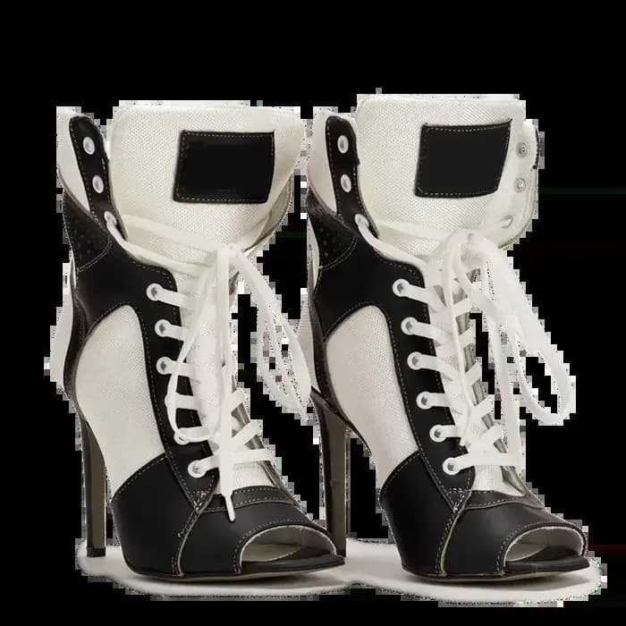Nouvelles Bottines Sexy à Bout Ouvert et Talon Carré Épais, Style Patchwork Croisé, Chaussures de Défilé Tendance pour Femmes