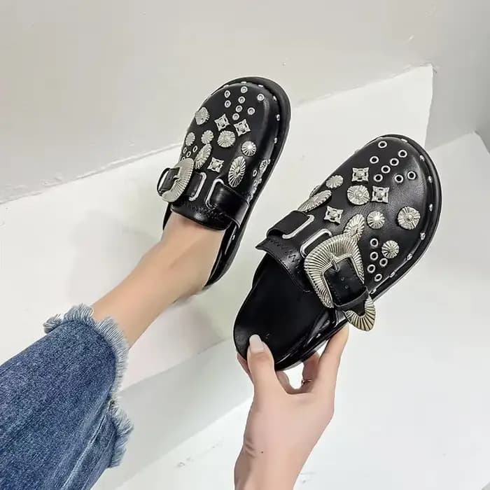 Mules en cuir punk rock pour femmes