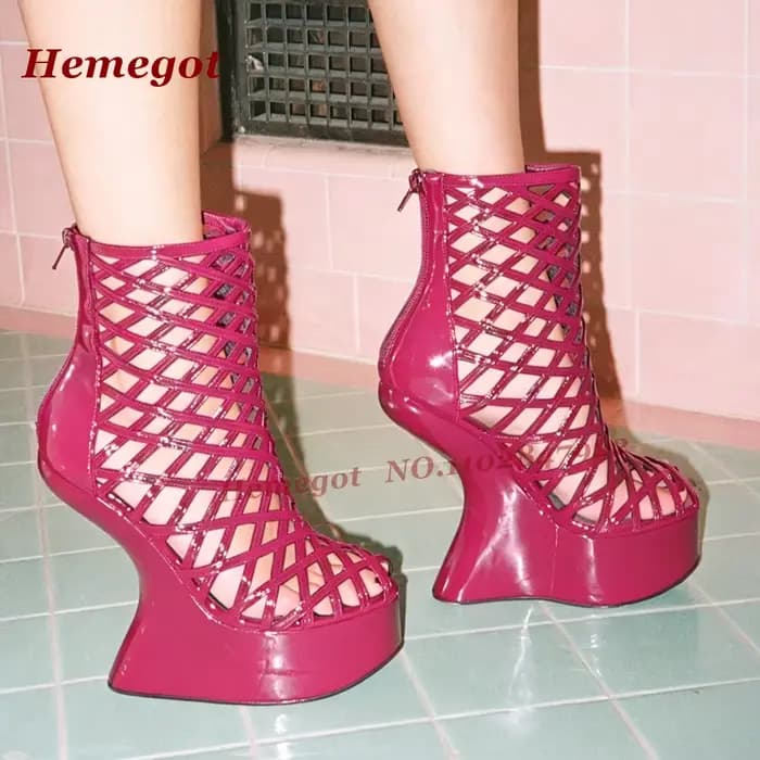 Sandales noires vernies à plateforme et talons hauts, style original, avec fermeture éclair arrière, pour femme, chaussures de soirée brillantes de luxe