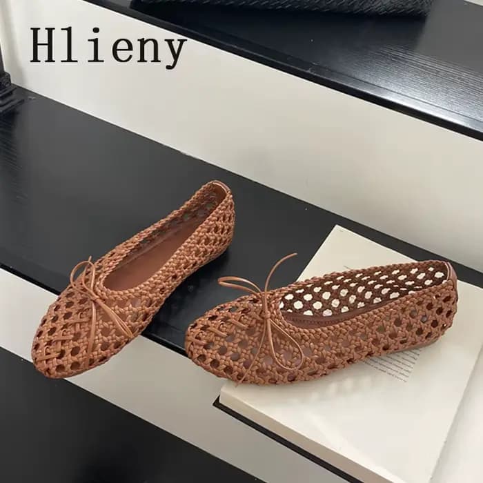 Hlieny tissé à la main maille talons plats femmes mocassins mode papillon noeud bout rond décontracté dames chaussures en plein air robe sandales