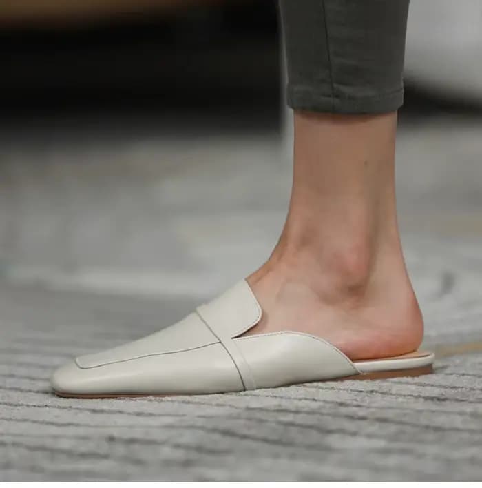 Mules carrées en cuir de vache pour femmes, chaussures plates simples, pantoufles d'extérieur, style concis, printemps, automne