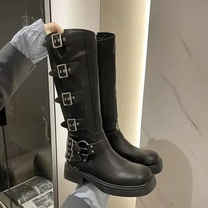 Femme bottes genou haute plate-forme élégante talon bas tendance Punk gothique New Rock cuir mode chaussures pour femmes