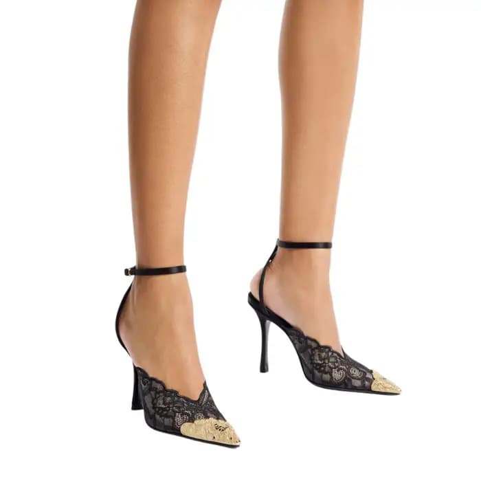 Escarpins slingback à bout pointu en dentelle brodée dorée pour femme, talons aiguilles avec bride cheville, sandales de luxe de créateur pour mariage et soirée
