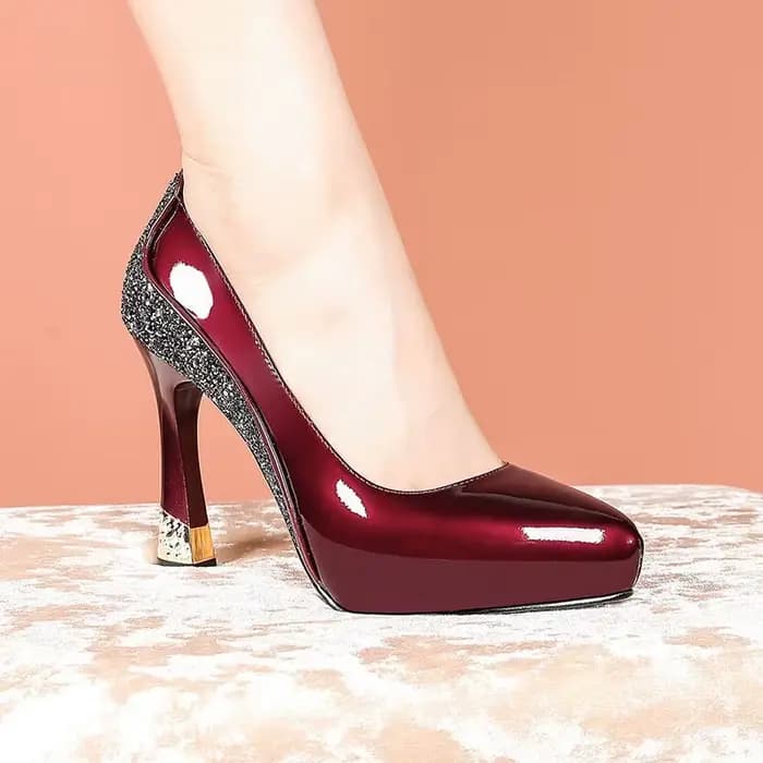 Mode cuir verni Stiletto unique automne nouveau bout pointu bouche peu profonde sans lacet paillettes anti-dérapant résistant à l'usure talons hauts