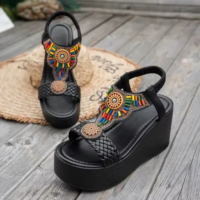 Sandales pour femmes, style bohème, sandales compensées, été, semelle épaisse, antidérapantes, chaussures de plage, sandales à plateforme chunky avec perles colorées