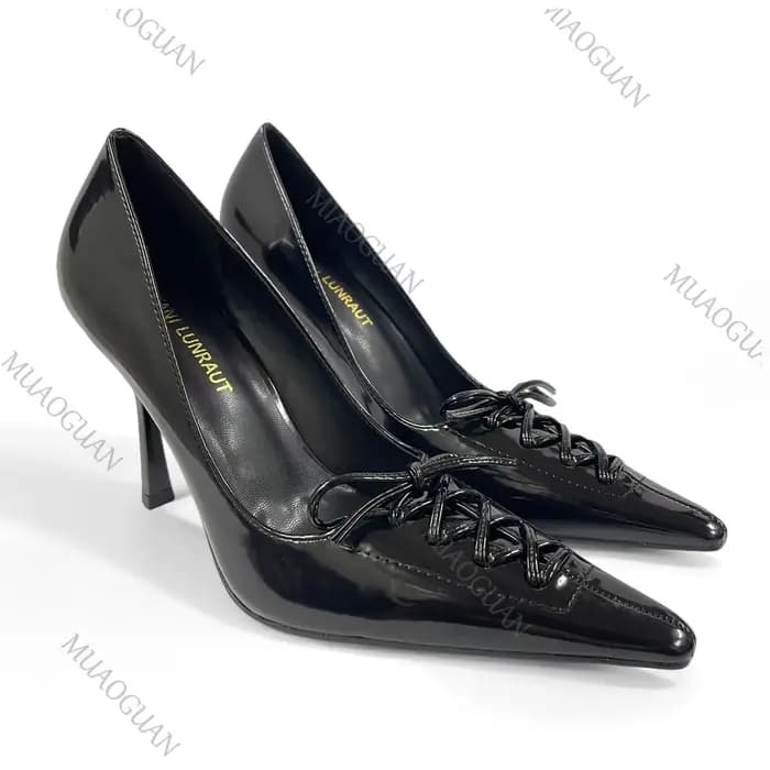 Escarpins sexy à lacets et nœuds, talons fins, en cuir noir, élégants pour femmes, pour fêtes et mariages