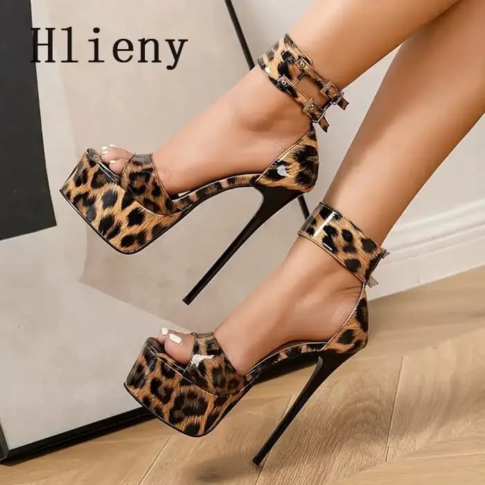 Hlieny nouveau Sexy imprimé léopard sandales femme mode cheville boucle sangle bout ouvert plate-forme talons hauts Banquet robe de soirée chaussures