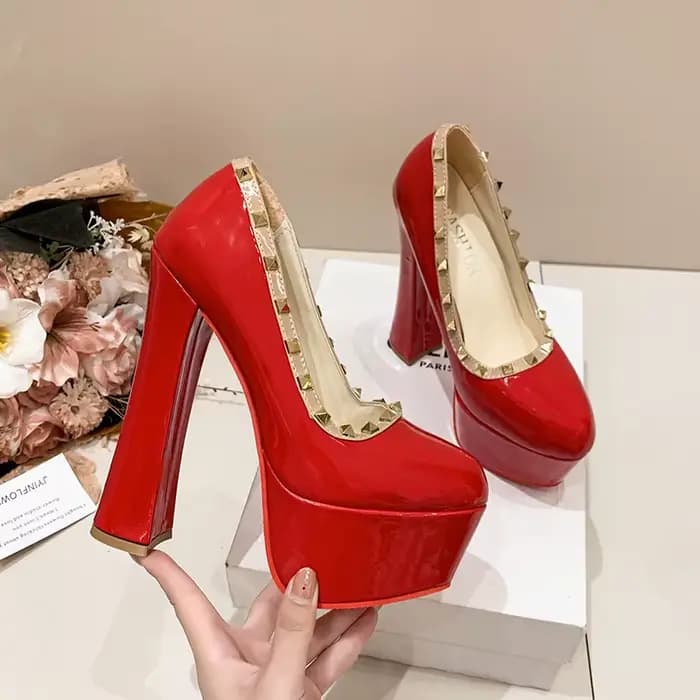 Chaussures Sexy à talons hauts et fond rouge pour femmes, grande taille, plateforme imperméable, talon épais, chaussures simples à tête ronde, matériau PU