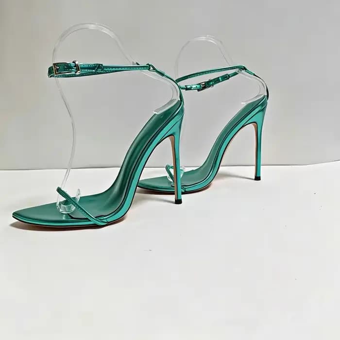 Sandales à talons aiguilles vert métallisé pour femme avec bride cheville