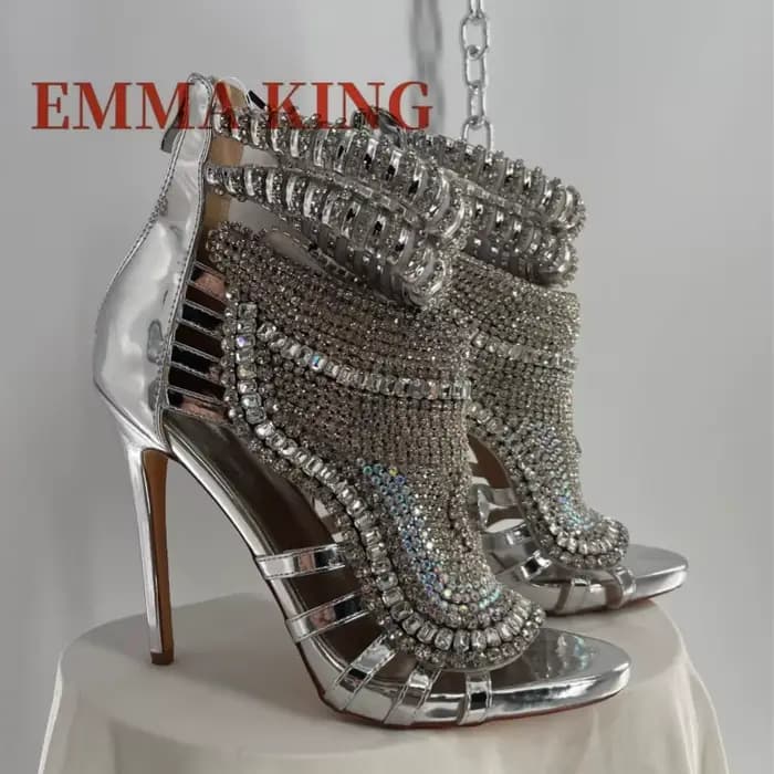 Sandales ornées de strass en cristal, Design de luxe, sandales d'été pour femmes, talons hauts, lanière à la cheville, chaussures Stiletto