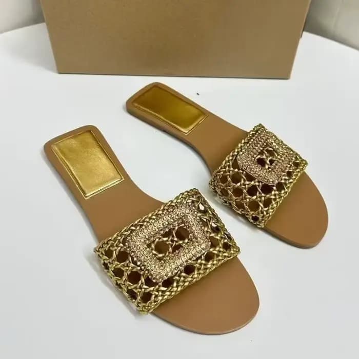 Sandales plates tissées dorées de haute qualité pour femmes