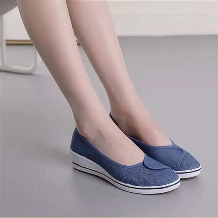 Chaussures en toile à talon incliné pour femmes, chaussures de travail décontractées, bouche peu profonde, semelle souple, anti-odeur, respirant, grill, bleu denim