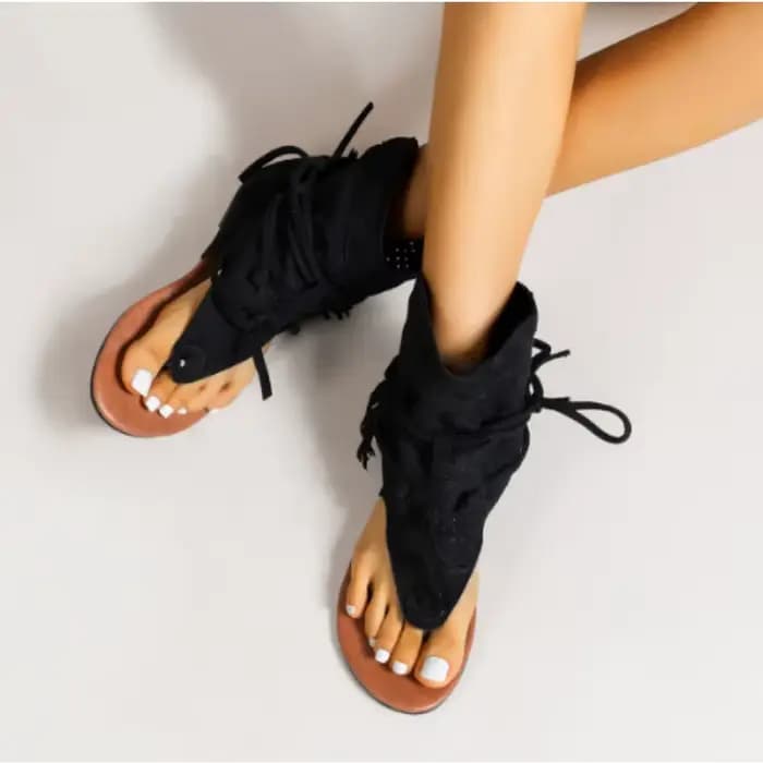 Nouvelles Sandales Femme 2026 Rétro Style Gladiateur à Clip d'Orteil Bottes Vintage Décontractées à Pompons Mode