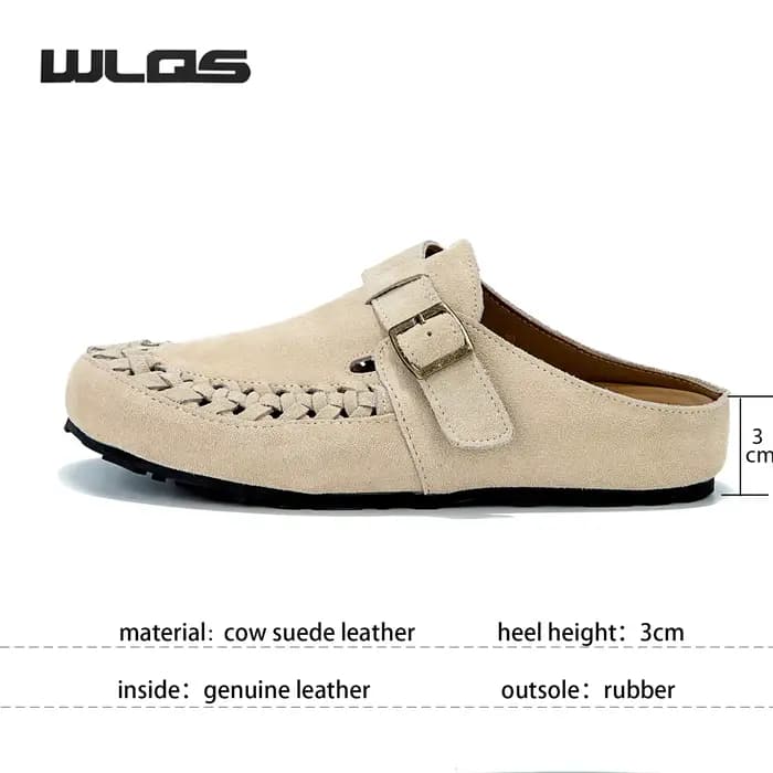 WLQS Mules en Daim Véritable Tressées pour Femmes, Sabots Vintage sans Talon avec Boucle Ajustable, Sandales d'Été Respirantes à Enfiler