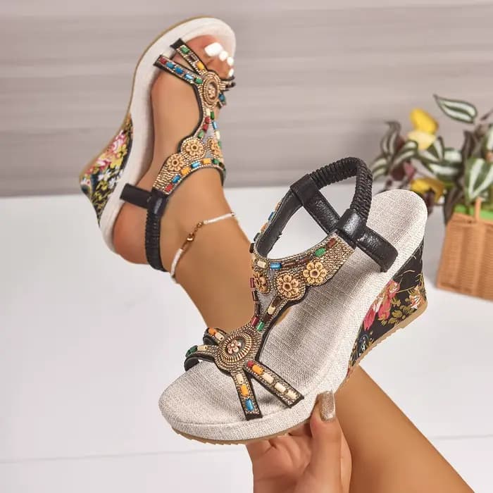Nouvelles sandales compensées rétro confortables en cuir noir pour femme
