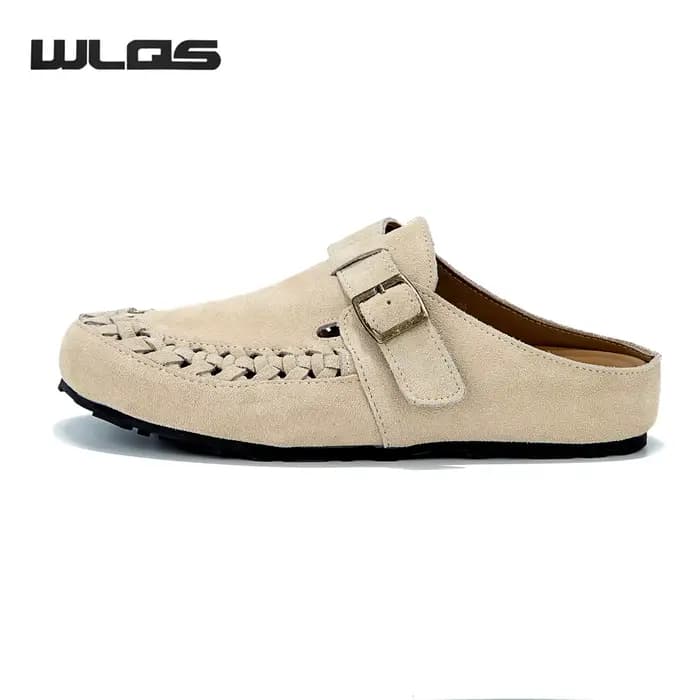 WLQS Mules en Daim Véritable Tressées pour Femmes, Sabots Vintage sans Talon avec Boucle Ajustable, Sandales d'Été Respirantes à Enfiler