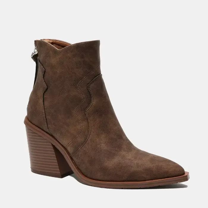 Talons en bois épais bottes femme chaussures en cuir solide bout pointu compensées Botas Feminina Cowboy cheville