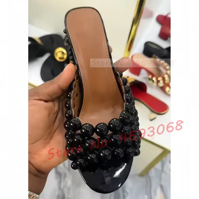 Pantoufles à talons bloc avec Rivets en métal doré pour femmes