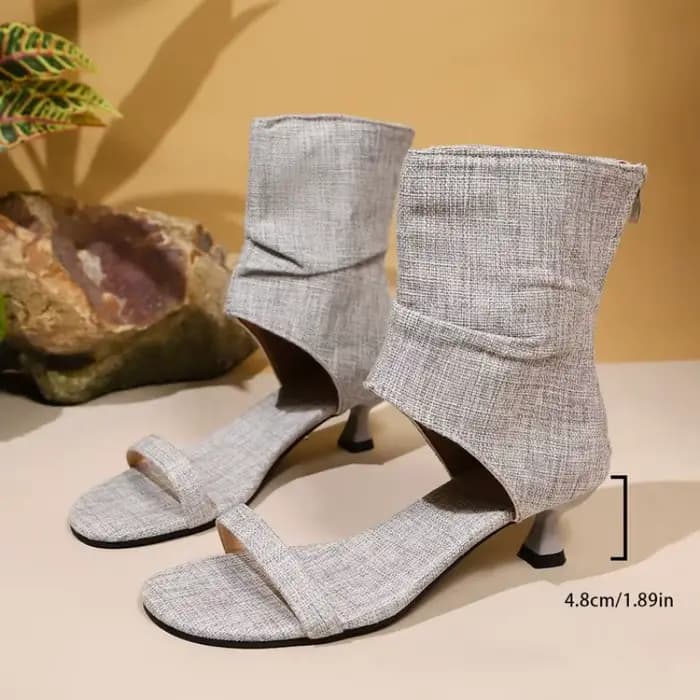 Sandales à talon chaton en lin pour femmes, bottines froncées à la cheville, chaussures décontractées d'été à bout ouvert pour dames