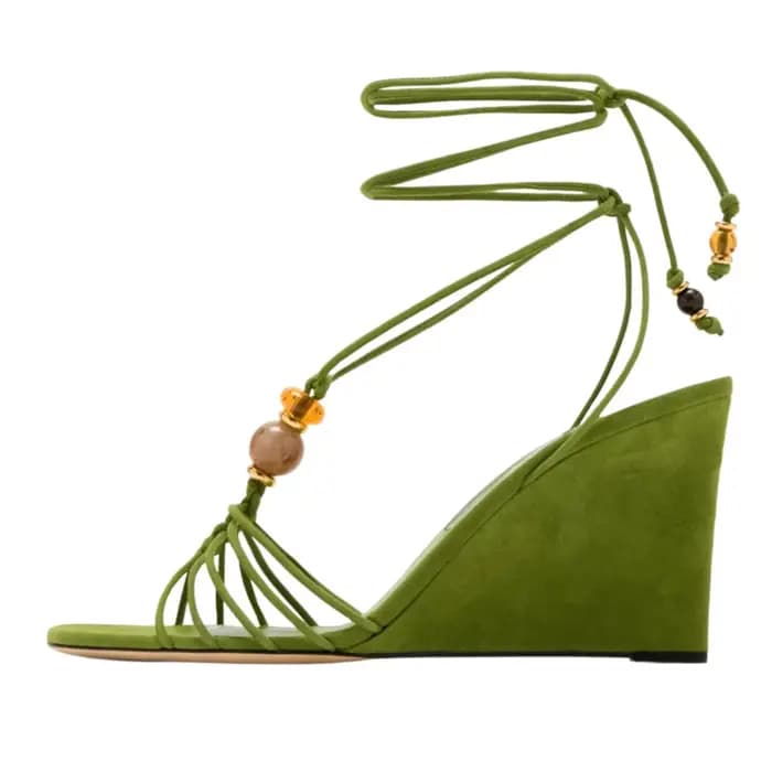 Sandales compensées en daim vert/marron/doré pour femmes