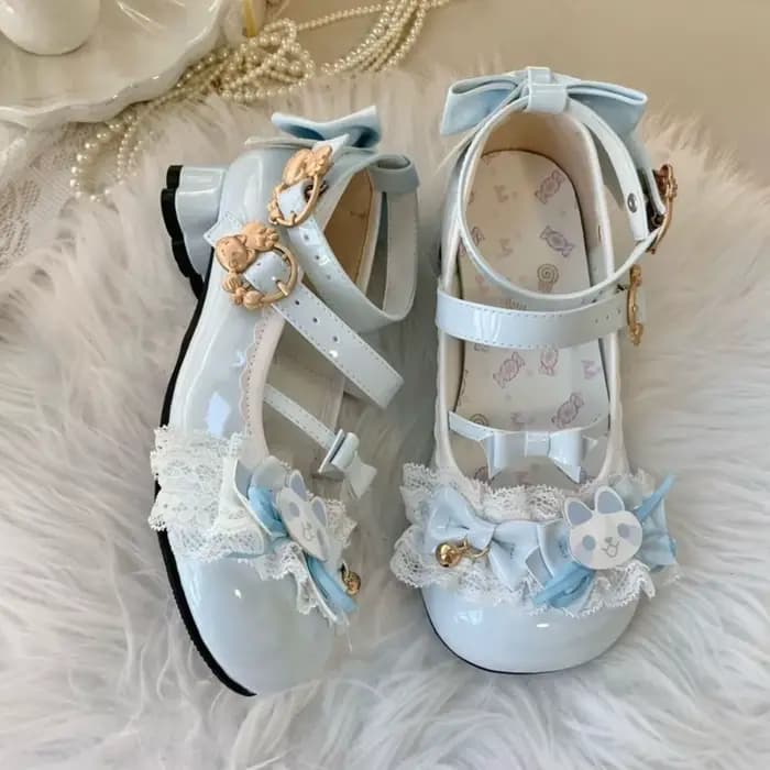 Jolies chaussures Lolita Mary Jane à talons avec nœuds lapin, dentelle et clochettes pour cosplay et goûters