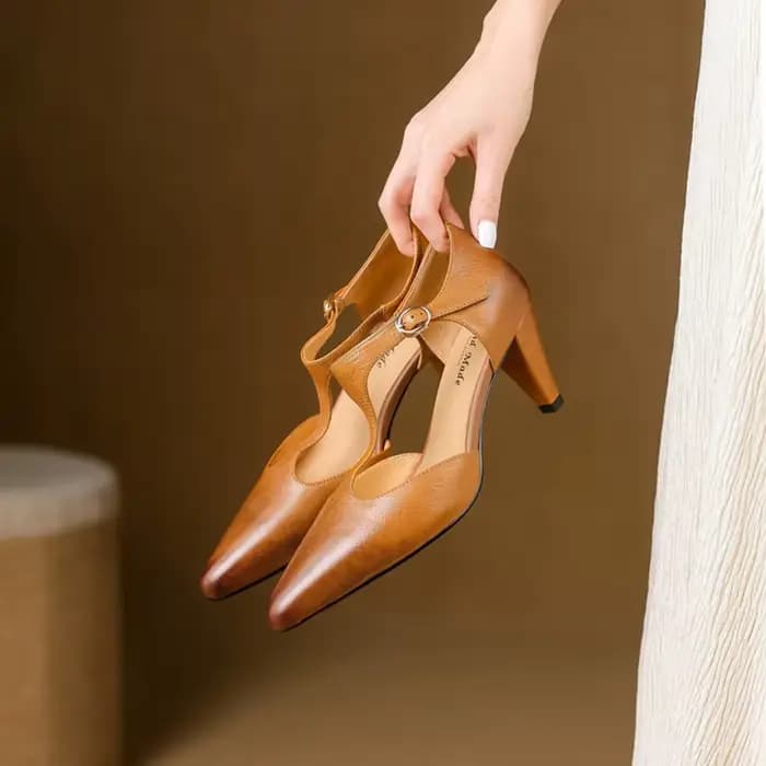 Sandales d'été en cuir véritable pour femmes, chaussures à bout pointu et à talons hauts, sandales à lanières en T, couvre-orteils, nouvelle collection