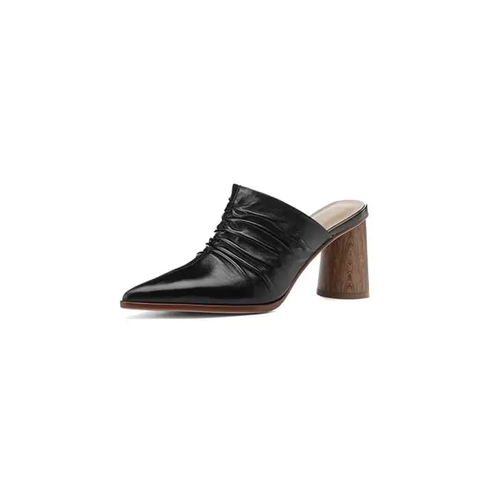 Dilalula 2025 Mules à talons hauts en cuir véritable pour femmes pantoufles plissées à bout couvert dames