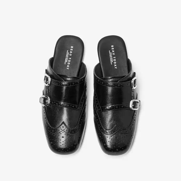 BEAUTODAY – mules rétro pour femmes, pantoufles en cuir de mouton avec sangle à boucle, pantoufles à bout rond, chaussures d'extérieur pour dames, 36394