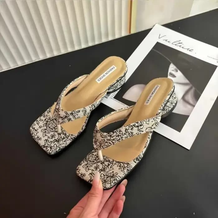 Sandales à talons chaton vintage françaises à motif floral pour femme, élégantes, à bout carré, chic, tendance, pour l'été