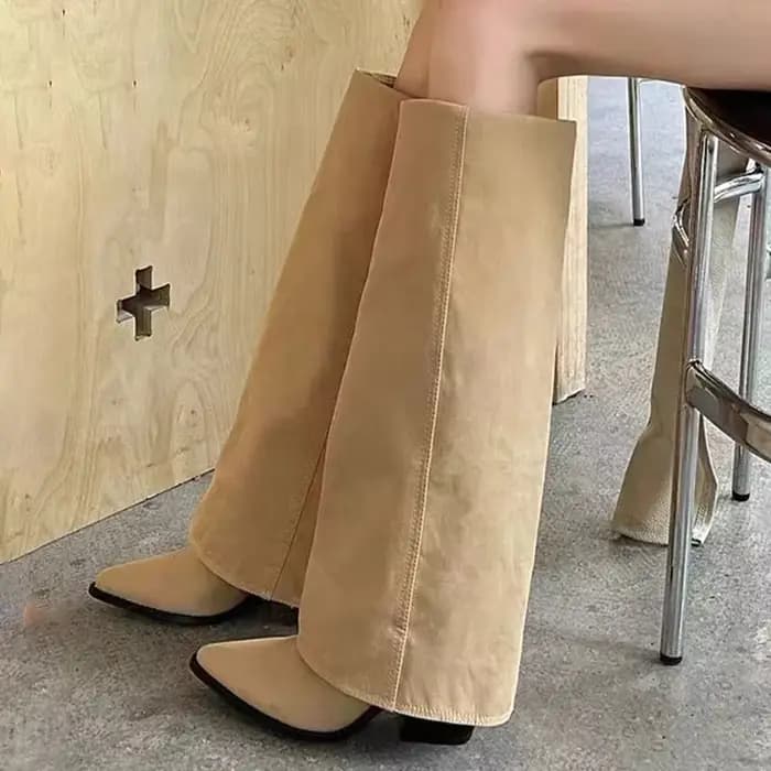 Femmes bottes genou talons hauts en cuir grosses chaussures de mode bout pointu neige