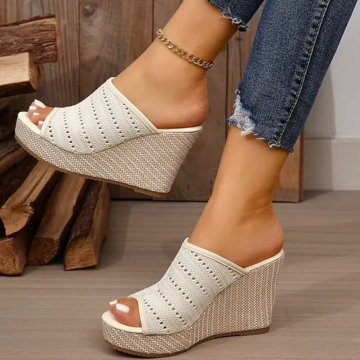 2026 Sandales compensées à plateforme pour femme, mules confortables à bout ouvert, à enfiler, tressées, chaussures de plage d'été