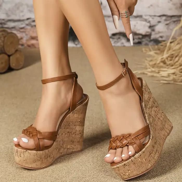 LIHUAMAO marron bois-grain talons compensés sandales femmes
