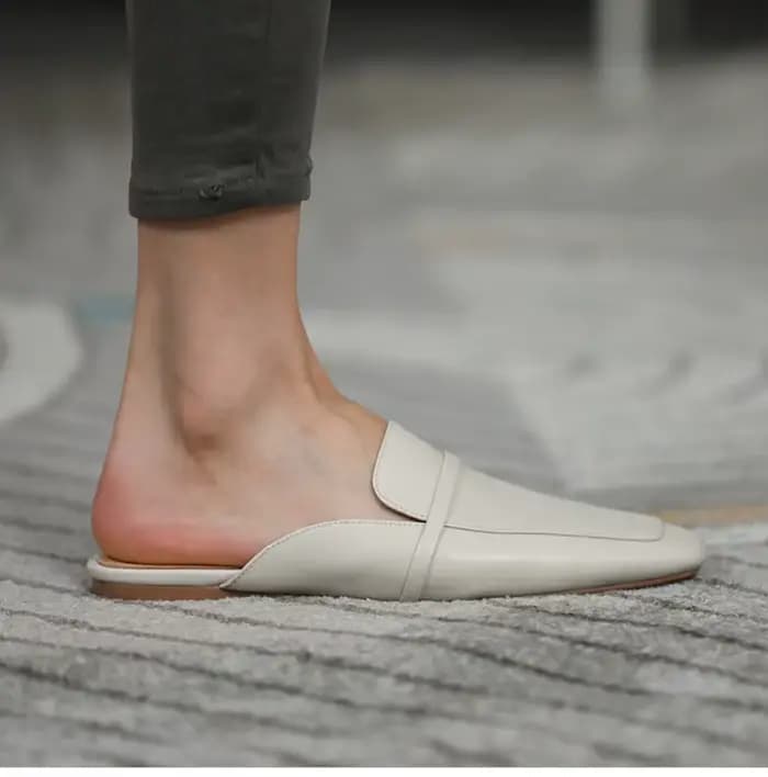Mules carrées en cuir de vache pour femmes, chaussures plates simples, pantoufles d'extérieur, style concis, printemps, automne