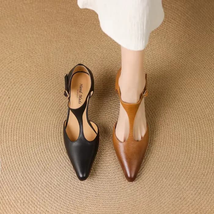 Sandales d'été en cuir véritable pour femmes, chaussures à bout pointu et à talons hauts, sandales à lanières en T, couvre-orteils, nouvelle collection