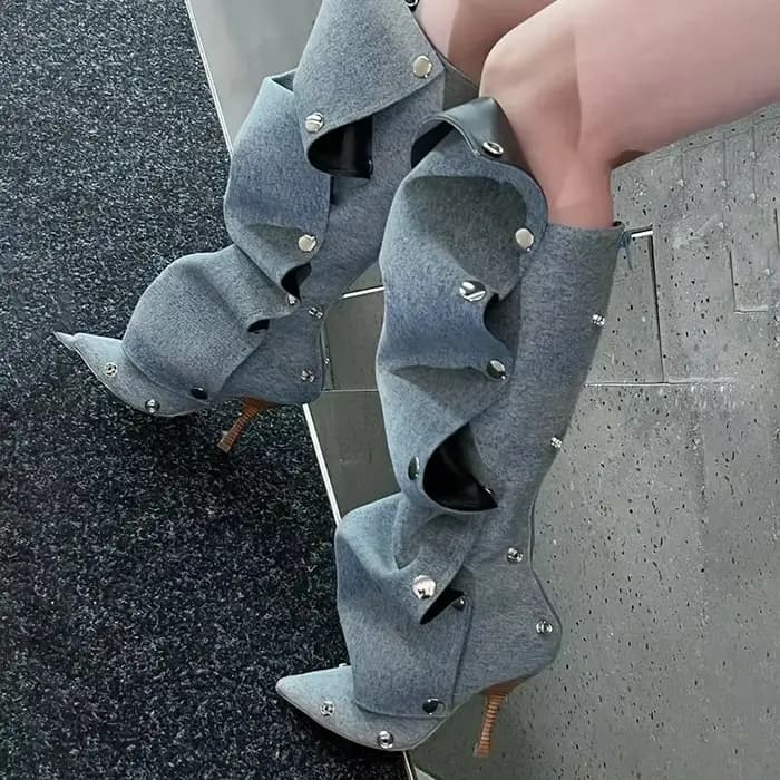 Bottes en denim amovibles avec poignées en métal, chaussures à talons hauts de 10cm, 35-45, modèle Internet rouge, bottes de cuisse pour tapis rouge, mode de marche, 2024