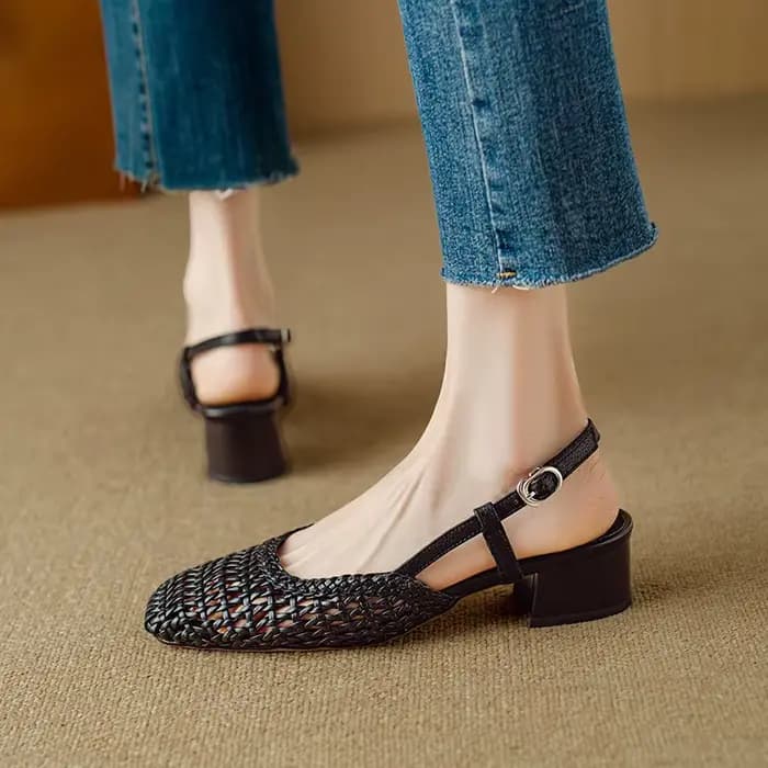 Sandales à talons hauts tissées à bout pointu style français pour femmes, talon épais, en cuir respirant, chaussures d'été tendance