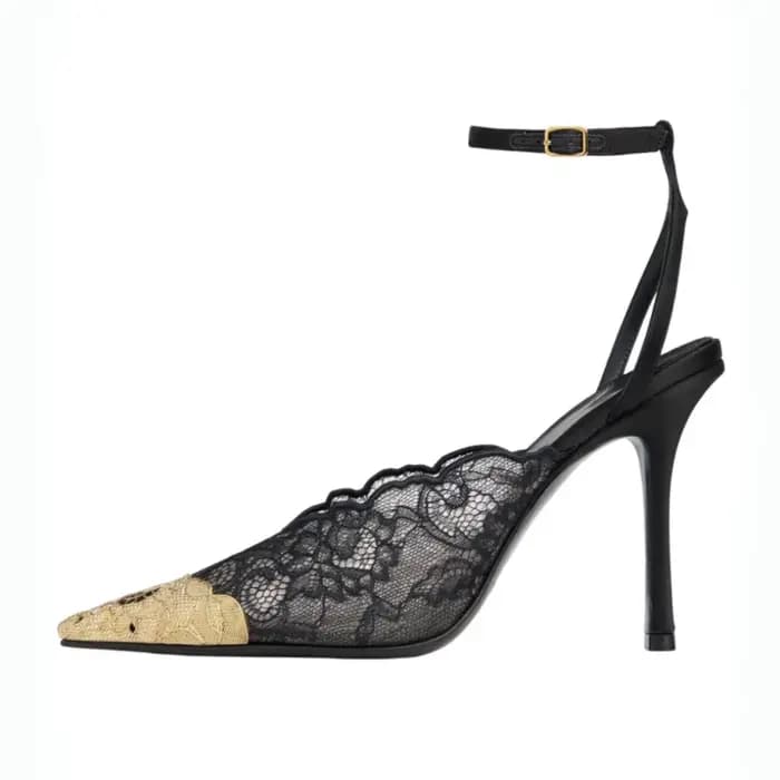 Escarpins slingback à bout pointu en dentelle brodée dorée pour femme, talons aiguilles avec bride cheville, sandales de luxe de créateur pour mariage et soirée