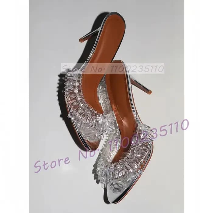 Pantoufles métalliques dorées en cristal clair pour femmes, pendentif scintillant, lustre à talons hauts, Mules Sexy pour dames, chaussures de fête peu profondes