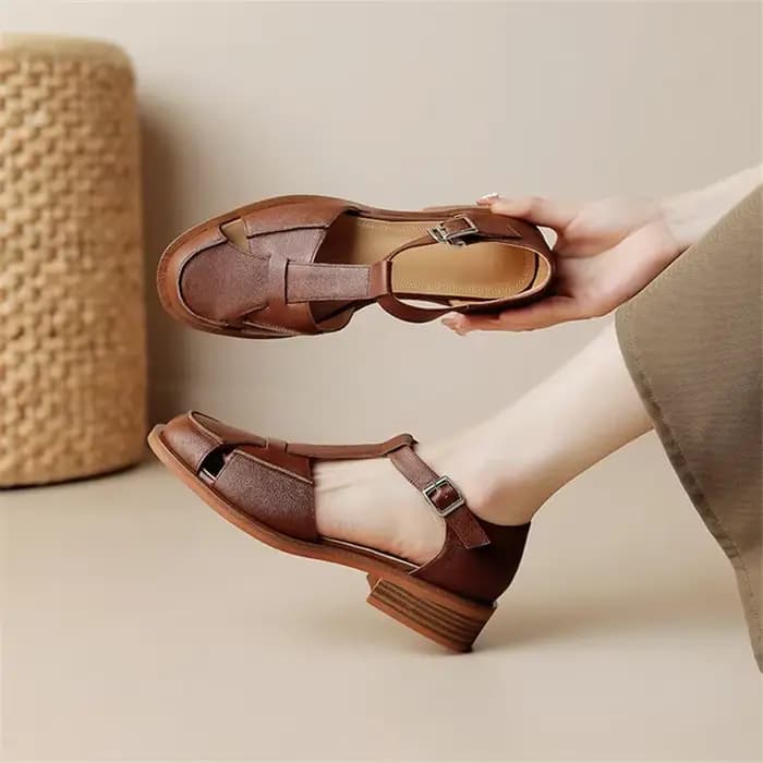 Sandales d'été 2023 en cuir de vachette à bout rond pour femme