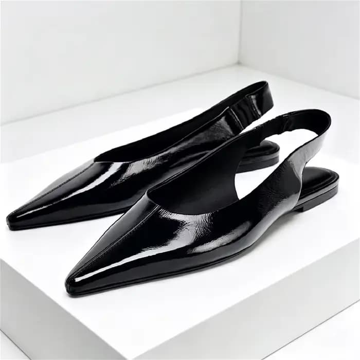Ballerines en cuir verni noir pour femmes, sandales plates Sexy à bout pointu, Slingback en cuir souple, chaussures de bureau confortables pour femmes