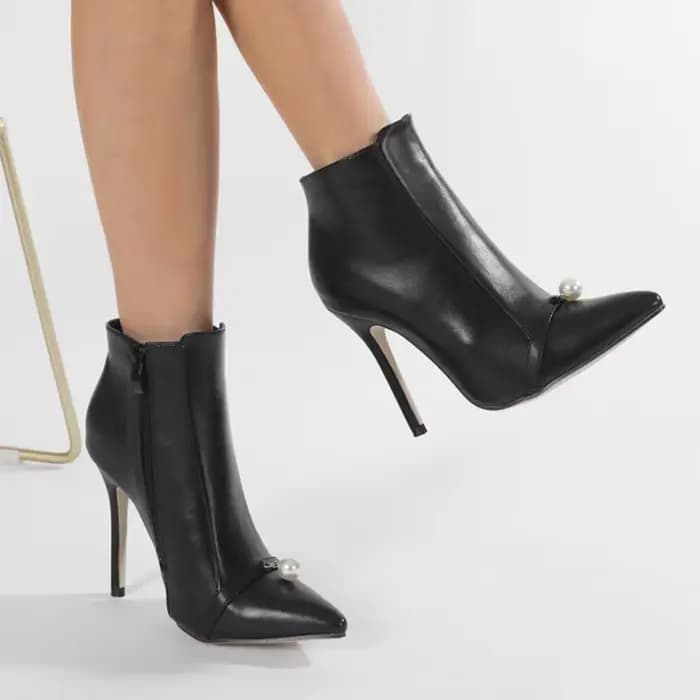Bottines à talons aiguilles en perles pour femmes, chaussures courtes à bout pointu avec fermeture éclair latérale solide, nouvelle mode automne 2026, talons hauts fins en PU