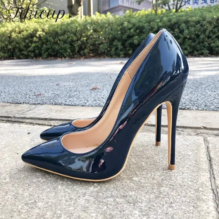 Tikicup femmes bleu marine brevet pompes coupe basse bout pointu talons aiguilles dames élégantes formelles sans lacet