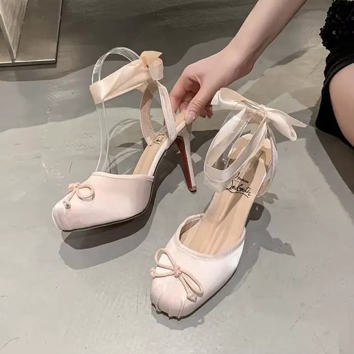 Chaussures de Ballet à lacets pour filles, escarpins roses à bout carré avec nœud papillon, talon aiguille, lanière à la cheville, Slingback, élégantes, Sexy, été