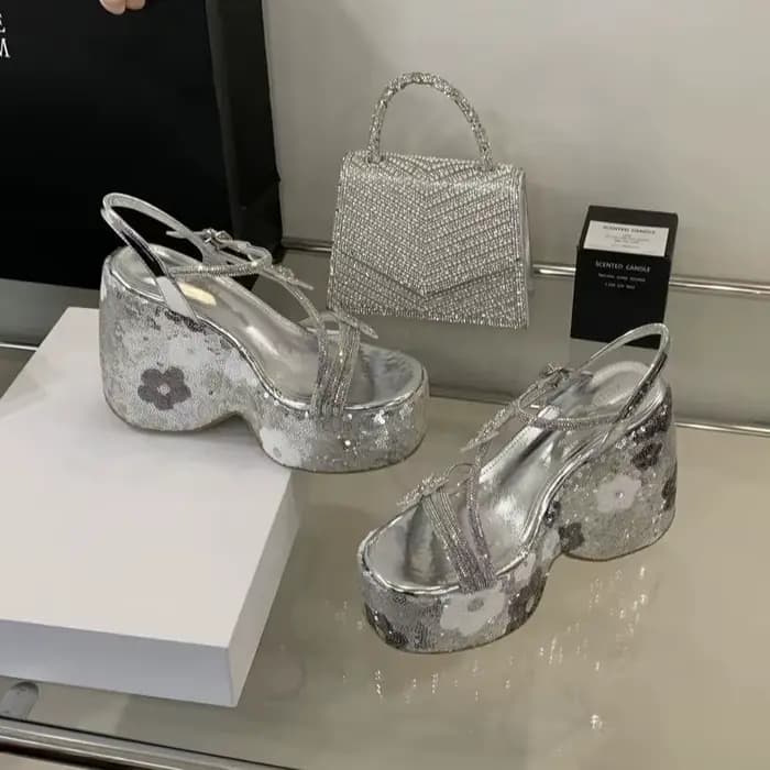 13cm Sandales à talons compensés Femme paillettes talon plate-forme chaussures été nœud ceinture