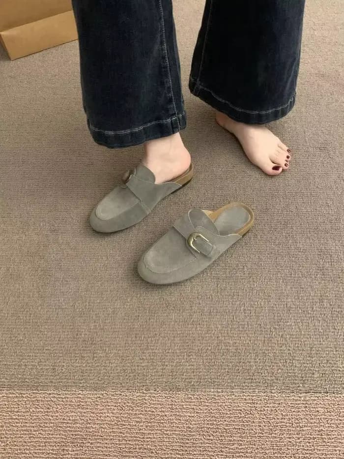 Mules vintage françaises en daim à bout fermé pour femmes