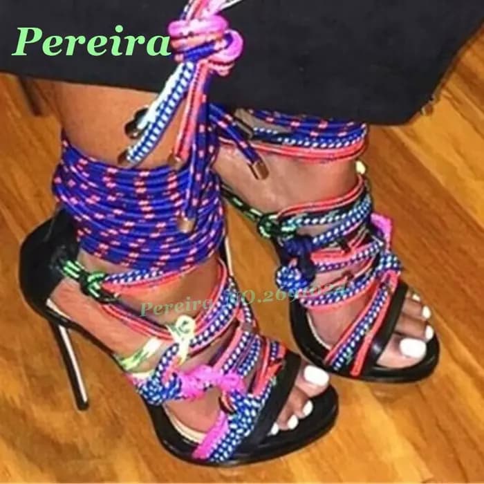 Sandales multicolores à lacets en corde tressée