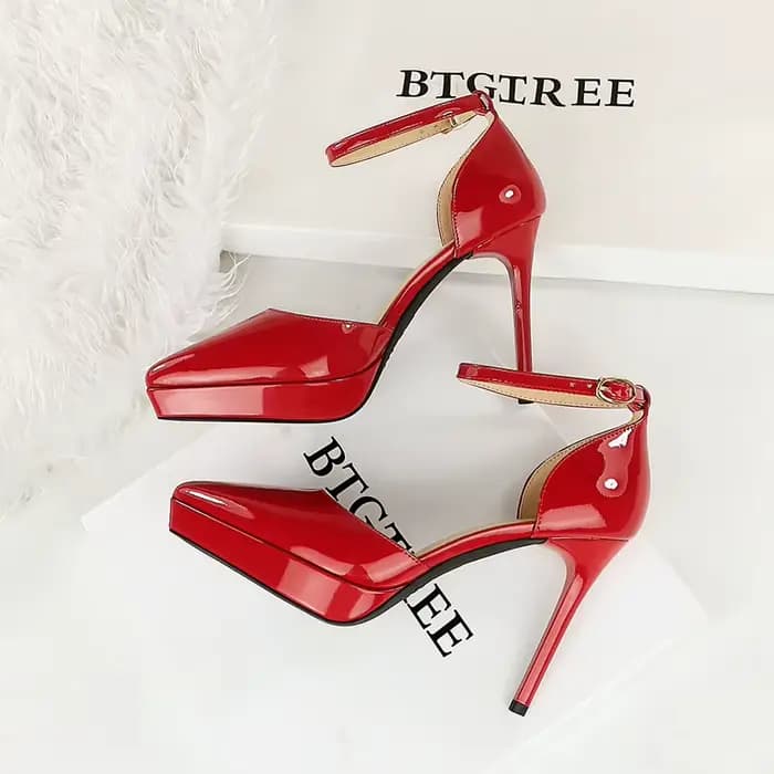 Femmes 10.5cm talons hauts dame Sexy boucle droite plate-forme pompes femme élégant en cuir
