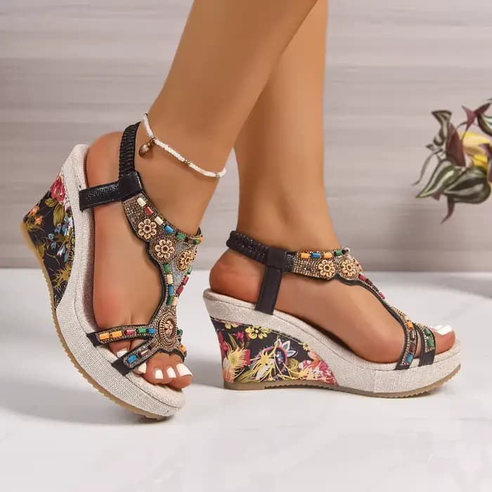 Nouvelles sandales compensées rétro confortables en cuir noir pour femme